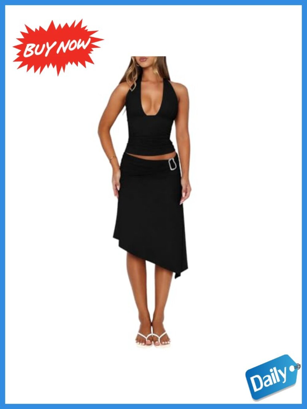 Women's 2 Piece Halter Top and Asymmetrical Midi Skirt Set Polyester Spandex